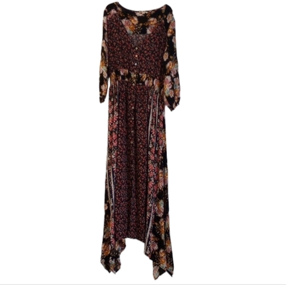 ODDY Womens Maxi Dress Sz 1XL Black Pink Floral Boho Festival Spring Flowy VNeck - Picture 1 of 12